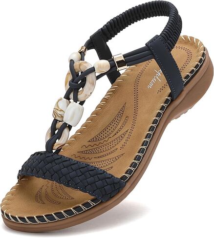 Littleplum Women Sandals Arch Support Handmade Bohemian Braided Flat Sandals Comfort Walking Beach Ankle Elastic Summer Shoes in Kuwait