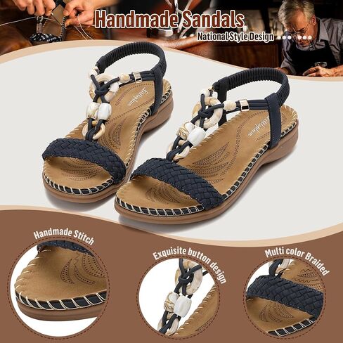 Littleplum Women Sandals Arch Support Handmade Bohemian Braided Flat Sandals Comfort Walking Beach Ankle Elastic Summer Shoes in Kuwait