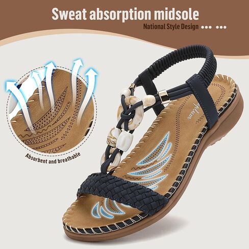 Littleplum Women Sandals Arch Support Handmade Bohemian Braided Flat Sandals Comfort Walking Beach Ankle Elastic Summer Shoes in Kuwait