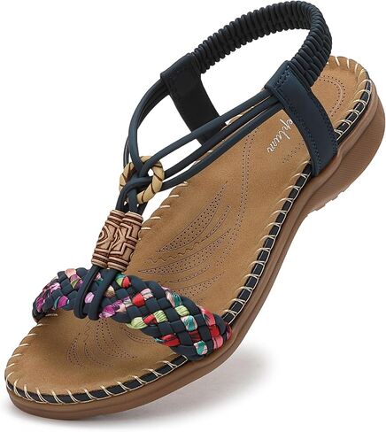 Littleplum Women Sandals Arch Support Handmade Bohemian Braided Flat Sandals Comfort Walking Beach Ankle Elastic Summer Shoes in Kuwait