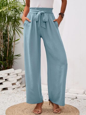 Womens Wide Leg Pants high wiasted Adjustable Tied Lightweight Busniness Vcation Fall Casual Trouser with Pockets in Saudi Arabia