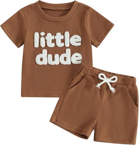 Toddler Baby Boy Summer Clothes Embroidered Waffle Short Sleeve T-Shirts Elastic Shorts Newborn Infant Boy Outfits in Kuwait