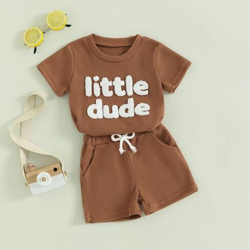 Toddler Baby Boy Summer Clothes Embroidered Waffle Short Sleeve T-Shirts Elastic Shorts Newborn Infant Boy Outfits in Kuwait