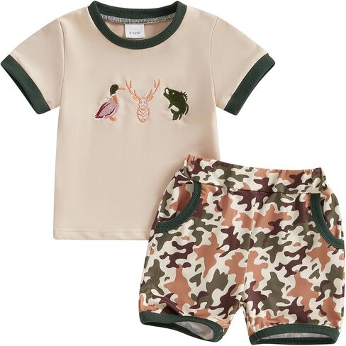 Toddler Baby Boy Summer Clothes Duck Print Short Sleeves T-Shirt Elastic Camouflage Shorts 2 Piece Outfit in Kuwait