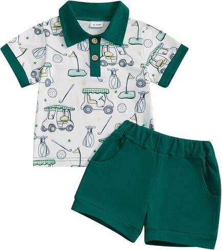 Toddler Baby Boy Golf Outfit Short Sleeve Golf Cart Polo T Shirts Top and Shorts Set 2Pcs Golf Theme Summer Clothes in Kuwait