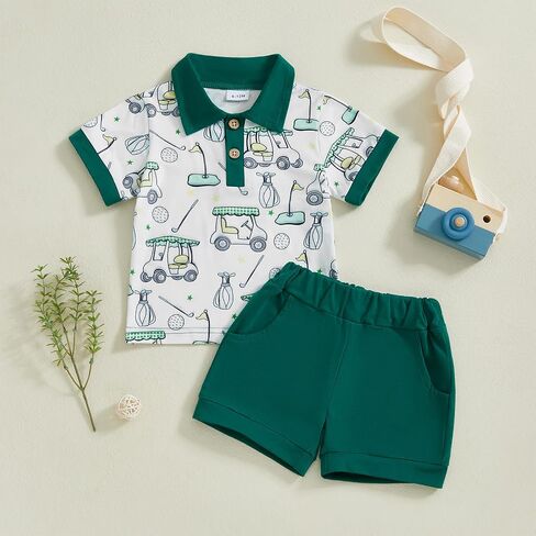 Toddler Baby Boy Golf Outfit Short Sleeve Golf Cart Polo T Shirts Top and Shorts Set 2Pcs Golf Theme Summer Clothes in Kuwait