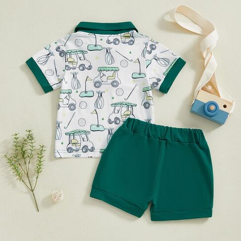Toddler Baby Boy Golf Outfit Short Sleeve Golf Cart Polo T Shirts Top and Shorts Set 2Pcs Golf Theme Summer Clothes in Kuwait