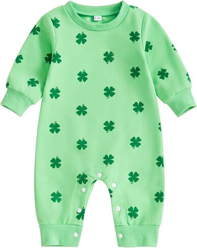 Muasaaluxi Newborn Baby Girl Boy St Patricks Day Outfit Four Leaf Clover Romper Long Sleeve Bodysuit Jumpsuit 0-18M in Saudi Arabia