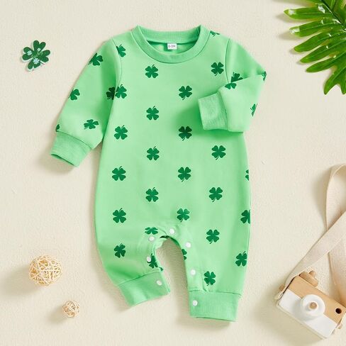 Muasaaluxi Newborn Baby Girl Boy St Patricks Day Outfit Four Leaf Clover Romper Long Sleeve Bodysuit Jumpsuit 0-18M in Saudi Arabia