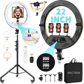 18" Foldable Ring Light with Stand for iPhone ipad Camera, 75" Tripod with Wheels 38W 6500K LED Display/Remote/2 USB Ports Large Big Ringlight Rolling for YouTube Facebook TikTok Live Video Recording