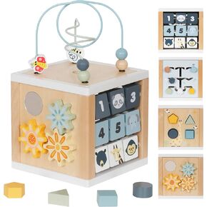Wooden Activity Cube, 6-in-1 Montessori Toys for 1+ Year Old Boys & Girls, Educational Learning Toys for 1 2 3 Year Old Baby Toys | Bead Maze|Shape Sorter|Mirror|Gear