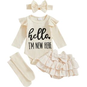 Im New Here Newborn Baby Girl Outfit Ruffle Romper Tiered Tutu Dress Shorts Headband Socks Coming Home Clothes Set