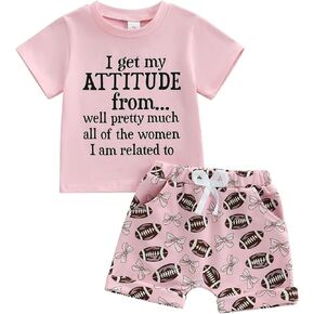 WZTYYDS Toddler Baby Girl Summer Clothes Letter Print Short Sleeve T-shirt Shirts + Cute Bows Rugby Shorts Outfit Set