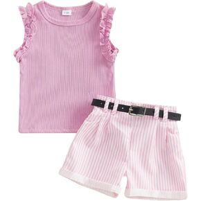 TheFound Toddler Baby Girl Summer Outfits Sleeveless Ruffle Tank Top Striped Shorts Newborn Baby Clothes 6 12 18 24 Months 2T