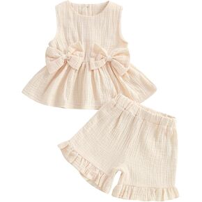 Kupretty Toddler Girl Summer Clothes Baby Solid Linen Outfit Bows Ruffle Tank Tops Shirts + Ruffled Short Set