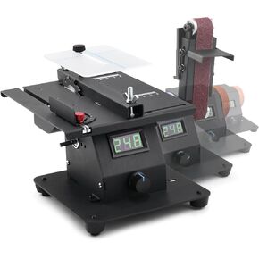 4-1 Mini Multi-functional Table Saw with Voltage LED Display and 7 Speed Adjustable, Mini Table Saw for Crafts with 10 Sanding Belts, 90° Adjustable Belt Sander, Dual Bench Grinder