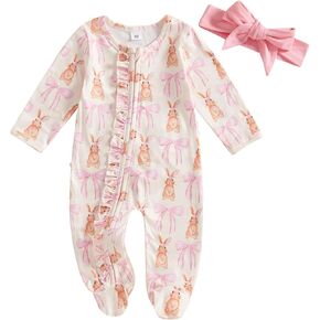 Lamuusaa Newborn Baby Girl Easter Outfit Bunny Bow Print Footie Romper Ruffle Bodysuit Zipper Jumpsuit Headband 0-18M