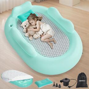 Inflatable Toddler Travel Bed - Baby Air Mattress with Waterproof Sheet Protector Portable Toddler Bed with 3 Sides Safe Bumper Oval Shape Toddler Blow Up Mattress (63 Inches)