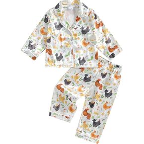 Kids Girls Pajamas Baby Short/Long Sleeve Lapel Button Down Tops Pants Satin Sleepwear Silk Fall Spring Loungewear (Y Farm Chicken White, 12-18 Months)