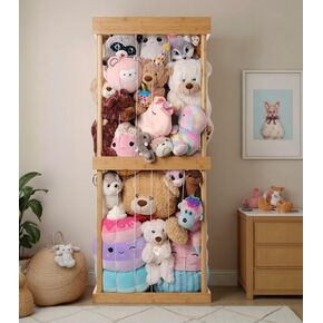 Premium Bamboo Montessori Stuffed Animal Storage Zoo Container Wood Plush Toy Organizer Stuffy Holder for Bedroom and Nursery Room Organizer