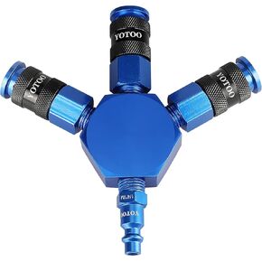 YOTOO 3-Way Air Manifold, Air Hose Splitter with Aluminum 3 Universal Quick Connect Couplers and 1/4" NPT Male Industrial Air Plug for connecting air compressor, air hoses and air tools, Blue