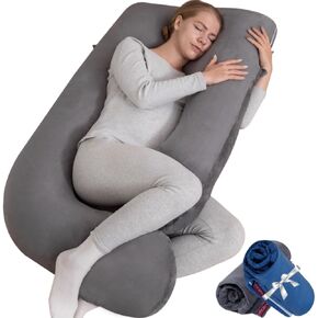 G-Shaped Pregnancy Pillow Comes with 2 Removable Covers | 50-inch Ergonomic Full Body Pillow for Sleeping, Maternity Support, & Post-Surgery Recovery - Grey Velvet & Blue Cotton