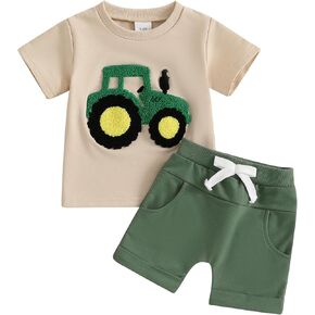 FYBITBO Infant Toddler Baby Boy Summer Clothes Cute Tractor Short Sleeve Tops Tshirt and Shorts Summer Outfits Clothing Set