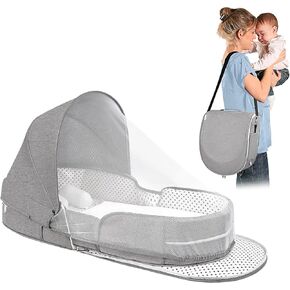 UQM Portable Travel Bassinet for Baby, Foldable Baby Travel Bed Cribs, Lightweight Infant Bed Newborn Baby Bed with Mosquito Net and Canopy