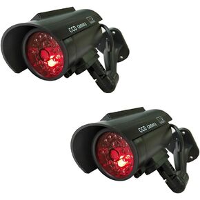 Solar Powered Dummy Fake Security Camera Bullet CCTV Surveillance with Simulated LED Realistic Red Flashing Light and Security Warning Sticker Decal Indoor Outdoor, 2 Pack