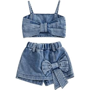 Toddler Kids Baby Girls Summer Clothes Sleeveless Spaghetti Strap Bowknot Crop Tank Tops Denim Shorts Outfits Set