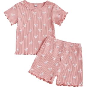 Toddler Baby Girl Summer Clothes Ribbed Knitted Short Sleeve T-Shirt Tops Ruflle Shorts Set 2Pcs Bow Outfit