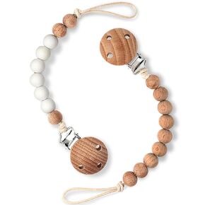 2 Packs Pacifier Clips for Baby, 100% Food Grade Silicone Pacifier Holders, Paci Binky Clips for Baby Girl and Boy, Natural Beech Hardwood (White & Hardwood)
