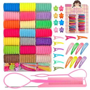 Hair Accessories for Girls, Toddler Elastic Hair Ties Colorful Cotton Seamless Hair Bands for Baby Girls Kids with Hair Clips