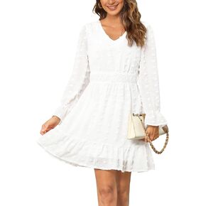 Annebouti Womens 2024 Long Sleeve Mini Dress Fall Fall Dismaly Swiss Swit Swocked V Deck Babydoll Dress