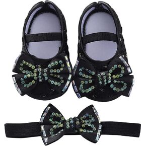 Baby Girls Mary Jane Flats Beaded Bow Princess Shoes Dress Walking Shoes and Headband for Newborn Infant Toddler