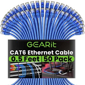 GEARit Cat 6 Ethernet Cable (50-Pack 0.5 Feet) Cat6 Network Patch, 10Gbps, RJ45, Snagless Cord, Gold-Plated Connectors, Internet for PC, TV, Tablet, Router, Printer, Servers, IT Data Center - Blue