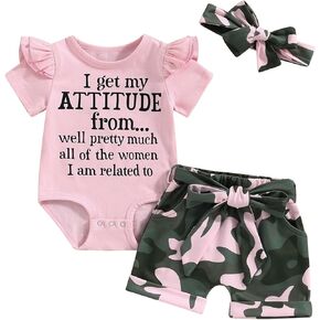 Fernvia Baby Girl Clothes Infant Summer Outfits 3 6 12 18 Months Short Sleeve Ruffles Letters Romper & Camouflage Shorts Set
