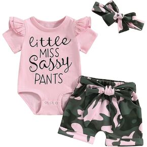 Fernvia Baby Girl Clothes Infant Summer Outfits 3 6 12 18 Months Short Sleeve Ruffles Letters Romper & Camouflage Shorts Set in Saudi Arabia