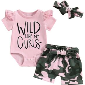 Fernvia Baby Girl Clothes Infant Summer Outfits 3 6 12 18 Months Short Sleeve Ruffles Letters Romper & Camouflage Shorts Set