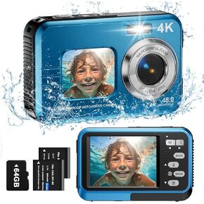 Underwater Camera, 4K Waterproof Camera with 64GB Card 48MP Autofocus Selfie Dual Screens 11FT Underwater Camera for Snorkeling Waterproof Compact Portable Digital Camera, 2 Batteries