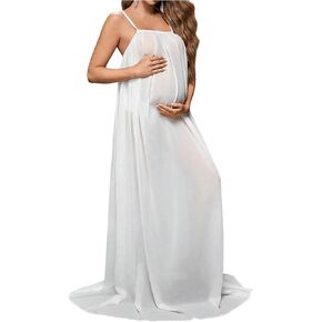 OYOANGLE Women's Maternity Sheer Mesh Spaghetti Strap Long Cami Dress Pregnancy Dress for Photoshoot