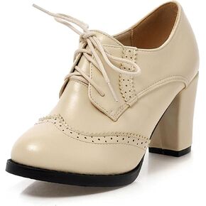 SHEMEE Retro Wingtip Oxfords for Women Chunky Block Heels Brogues Saddle Shoes Round Toe Lace Up Pumps Thick High Heeled Booties
