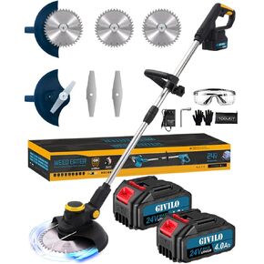 Electric Weed Cordless Eater, 24V Weed Wacker Battery Operated, Stringless Brush Cutter with 2X 4.0 Ah Battery and Charger, Lightweight Grass Trimmer with 2 Types Blades for Yard Garden