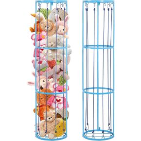 3 Layer Blue Metal Stuffed Animal Storage Holder Standing,Easy Installation, Space Saving,13" x 57" Soft Toy Storage Organizer Shelves Basket, Suitable for Bedroom Nursery Play Room Decor