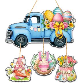 SOSAZOZA Happy Easter Bunny Egg Door Sign, Easter Door Decorations, Bunny Wooden Door Hanger, Easter Truck Front Door Sign, Happy Easter Wooden Sign, Farmhouse Car Easter Decoration