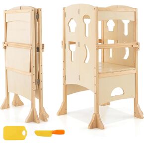 Costzon Toddler Tower, Foldable Kids Kitchen Step Stool w/Safety Rail, Height Adjustable Wood Standing Tower for Toddlers, Montessori Child Learning Tower for Bathroom, Kitchen Counter