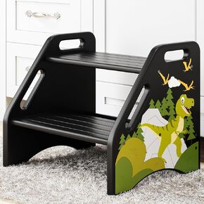 AMBIRD Toddler Step Stool, Dinosaur Step Stool for Kids with Non-Slip Pads, Wooden Two Step Stool, Portable Potty Training Stool with Handles for Bathroom, Sink, Kitchen, Bedroom