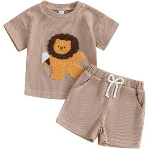 Toddler Baby Boy Summer Outfit Lion Embroidered Short Sleeve T-Shirt Tops Pockets Shorts Waffle Knit Clothes Set