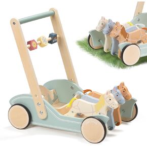 Wooden Baby Walker for Boys Girls Ages 1-3, Galloping Ponies Push and Pull Activity Walker Adjustable Speed, Baby Push Walker for Toddler Kids Motor Skills & Creativity
