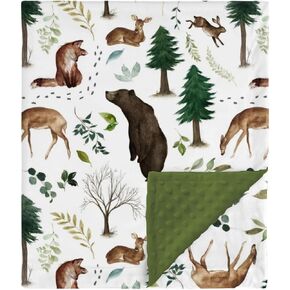 HawSkgFub Woodland Animal Mink Baby Blanket with Dotted Backing Boy Girl Gift, Green Forest Bear Fox Deer Double Layer Nursery Bed Blankets, Soft Plush Newborn Infant Toddler Kid Crib Bedding 30 x 40